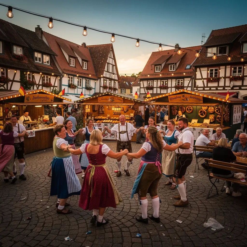 Eine malerische Landschaft mit sanften Hügeln und einem klaren blauen Himmel über einer typischen deutschen Stadt.
