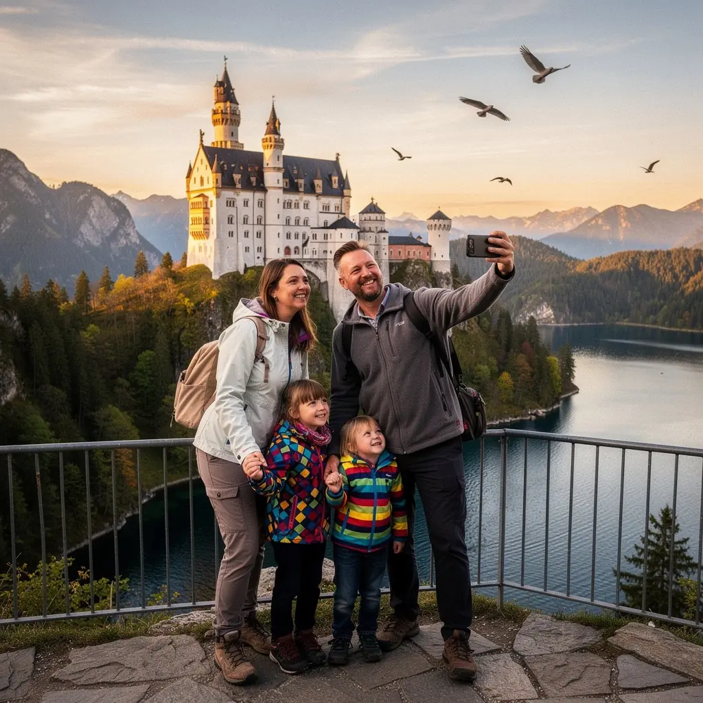 Eine belebte Straßenansicht einer deutschen Stadt mit bunten Fachwerkhäusern und Marktständen.